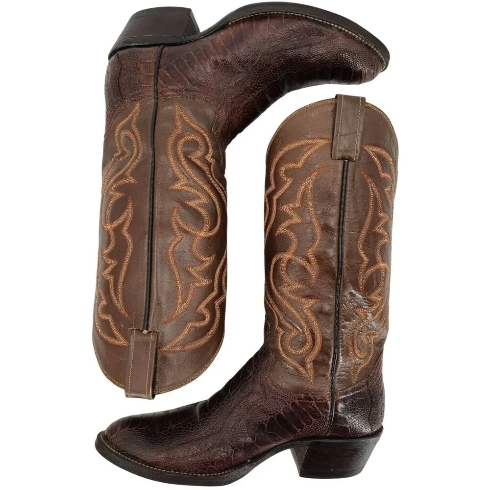 Vintage Exotic Ostrich Leg Mens 8.5D Tobacco Brown Leather Cowboy Western Boots - Picture 6 of 13